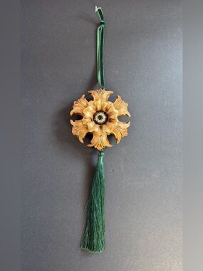 Gold Baroque Flower Ornament Green Tassel Rhinestone Center Velvet Ribbon 15”